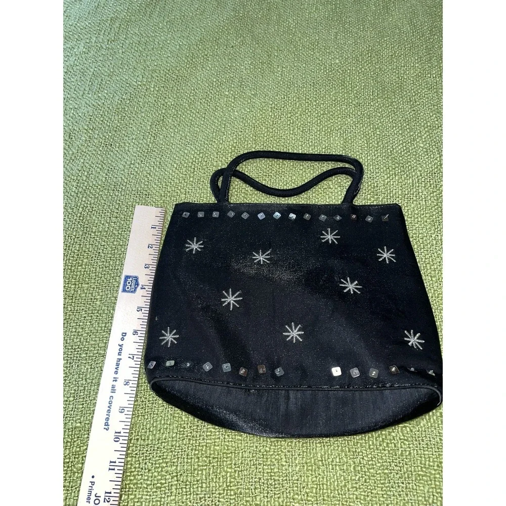 Vintage Wallis Bag , Black With Snowflakes And Embellishments , Magnetic Closure
